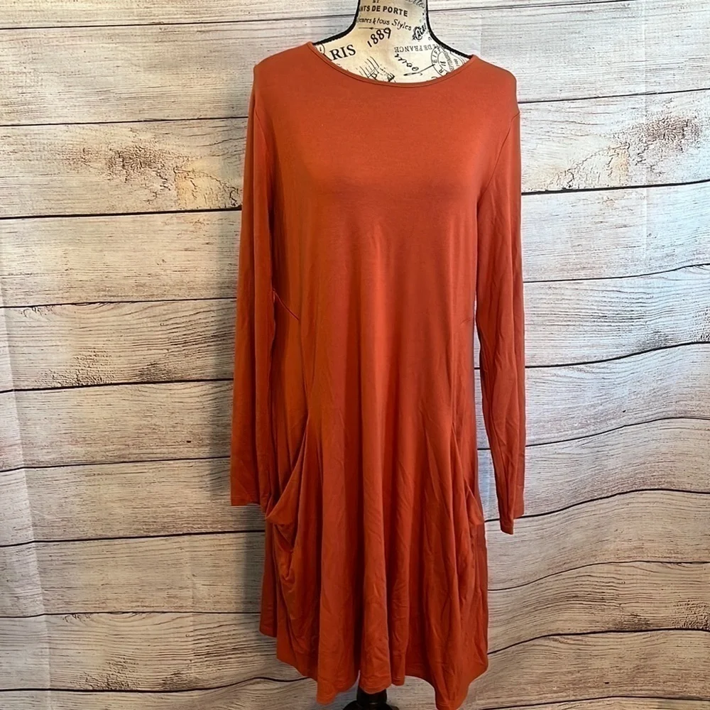 Betabrand Dress Travel Zip Pockets! Casual Long Sleeves Size Medium Pumpkin Silk